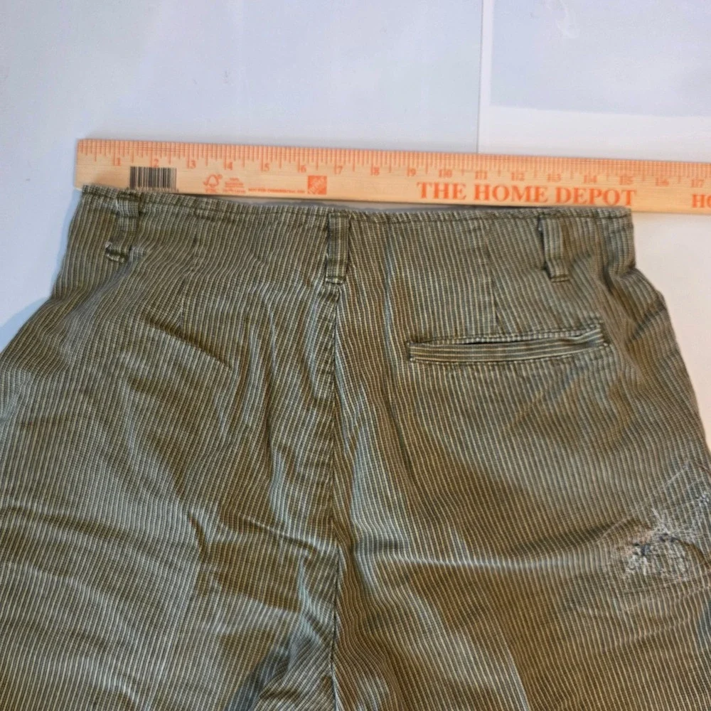 Vintage Point Zero Pleated Striped Shorts Mens 32 Green Brown Thrashed Cotton